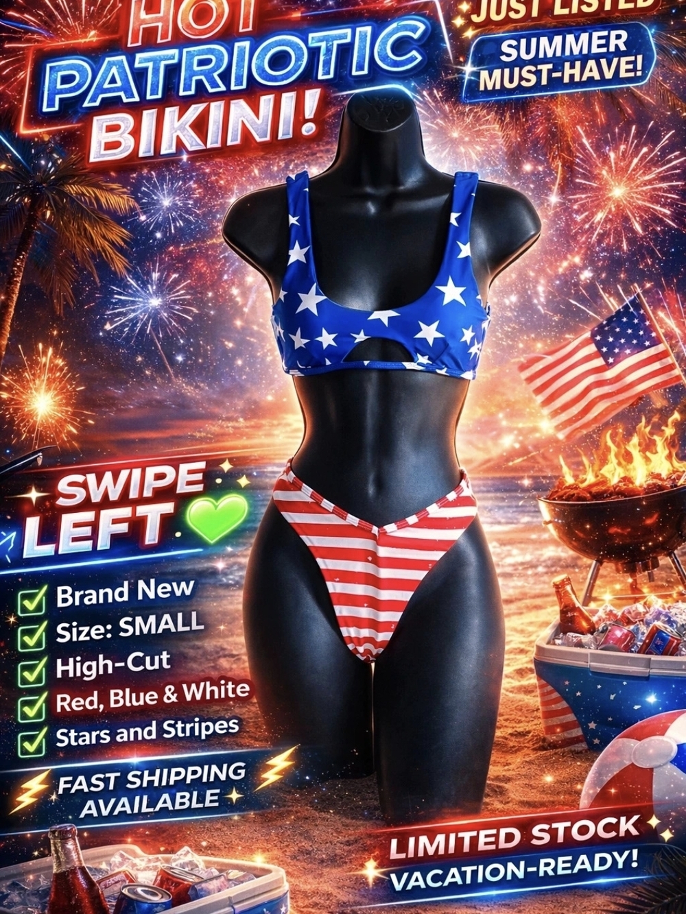 Patriotic Stars & Stripes High-Cut Bikini - Blue/Red/White